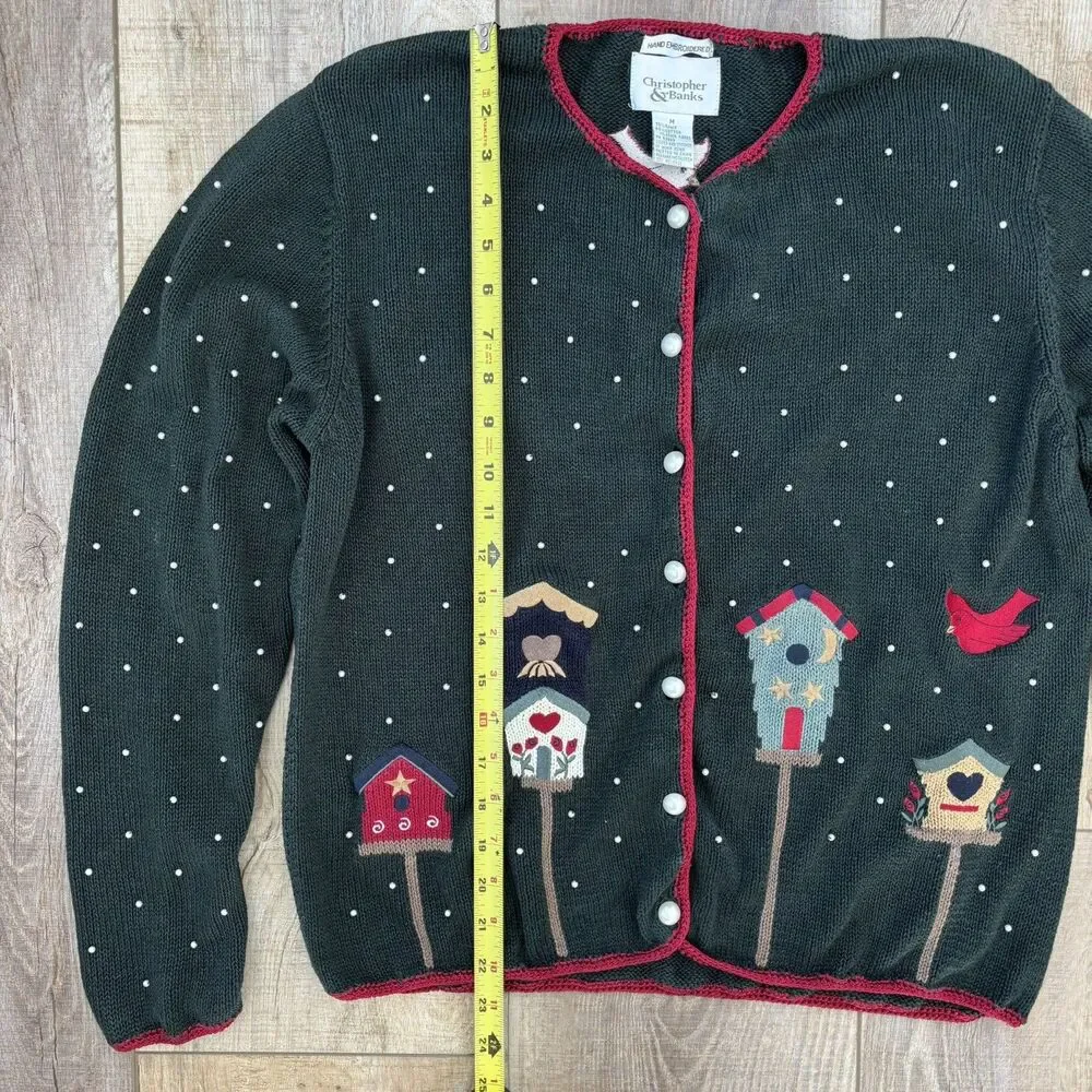 Vintage Womens Winter Sweater Size M Christmas Green 90s Beaded Hand Embroidered - Picture 11 of 13
